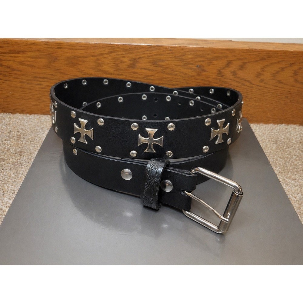 Buffalo Leather Black Studded Cross Belt Womens XL Silver Tone Punk Gothic Made